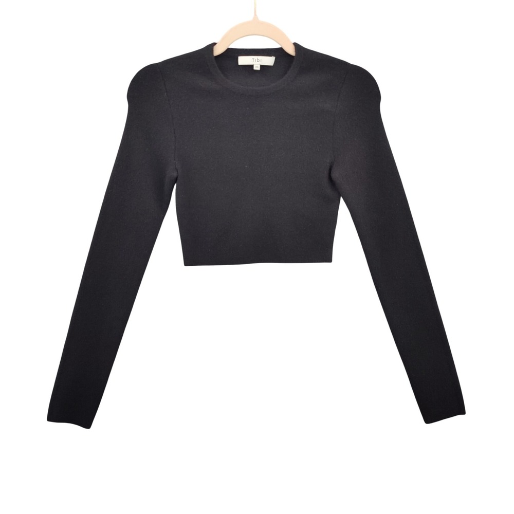 Tibi Women Double Faced Minimalist Quiet Luxury Crop Cashmere Sweater XS Black